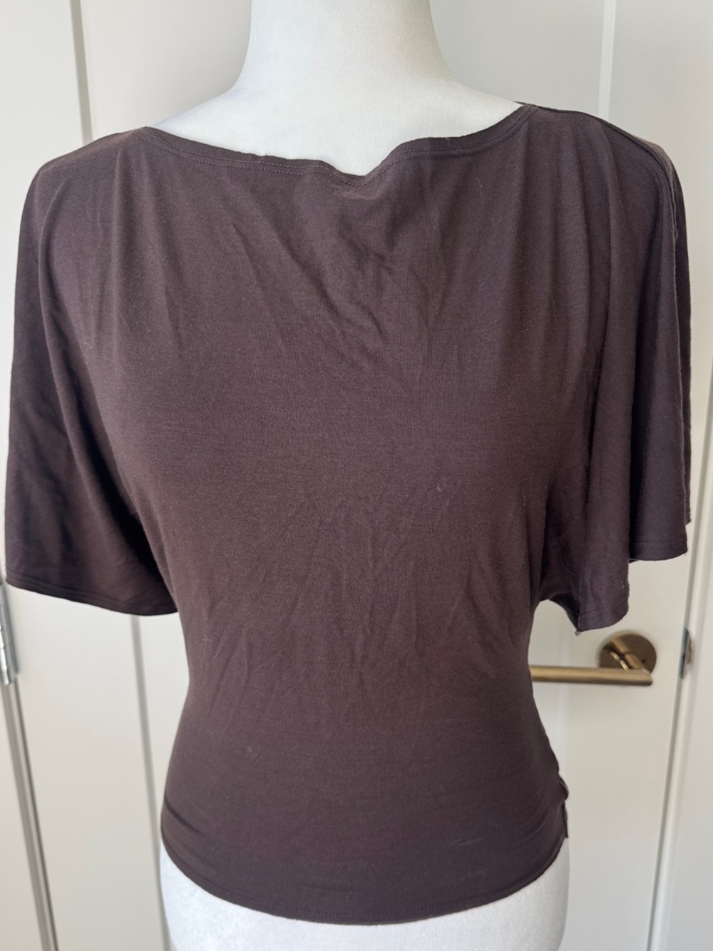 Reformation Avery Knit Top, Brown Short Sleeve Boatneck Tee, Back Tie